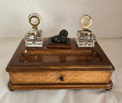19th Century Antique Olive Wood Twin Inkwell Standish with Bronze Lion Dog
