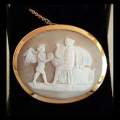 Antique Victorian 15ct Gold Carved Shell Cameo Brooch with Maiden and Angel