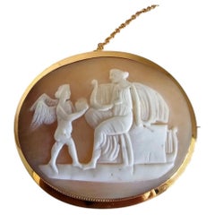 Antique Victorian 15ct Gold Carved Shell Cameo Brooch with Maiden and Angel