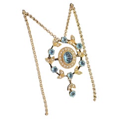 Antique Yellow Gold Blue Aquamarine Pendant Brooch with Chain