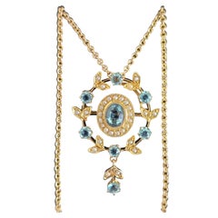 Antique Yellow Gold Blue Aquamarine Pendant Brooch with Chain