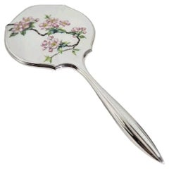 Mid Century Vintage English Sterling Silver Guilloche Enamel Hand Mirror, 1960