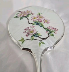 Mid Century Vintage English Sterling Silver Guilloche Enamel Hand Mirror, 1960