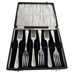 Antique Set of Six Art Deco Sterling Silver Dessert Forks, Sheffield 1920