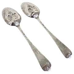 Pair of Georgian Sterling Silver Fruit Serving Spoons, London, 1737 & 1763