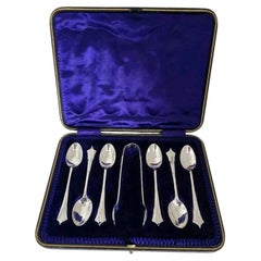 Antique Sterling Silver Teaspoon & Tongs Set, Sheffield 1908