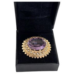 Mid Century Yellow Gold Amethyst & Pearl Brooch