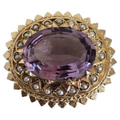 Mid Century Yellow Gold Amethyst & Pearl Brooch