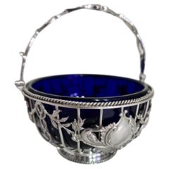 George V Sterling Silver Swing Handle Basket with Blue Glass Liner, 1912