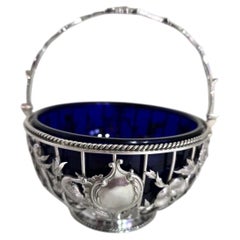 George V Sterling Silver Swing Handle Basket with Blue Glass Liner, 1912