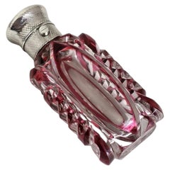 Antique Victorian Bohemian Cut Glass Vanity Scent Bottle with Silver Mount