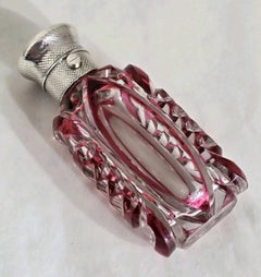 Antique Victorian Bohemian Cut Glass Vanity Scent Bottle with Silver Mount