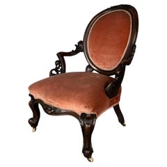 Victorian Mahogany Armchair with Carved Cabriole Legs and Velvet Upholstery