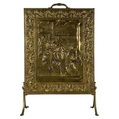 Fine 19th Century Antique English Decorative Brass Fire Screen with Tavern Scene