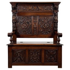 Exceptional 19th Century Antique English Carved Oak Settle with Storage