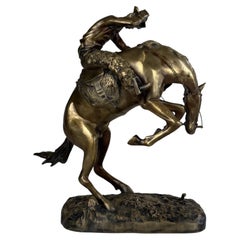 Vintage 20th Century Frederic Remington Style Brass Equestrian Sculpture