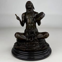 20th Century Seated Native American Drummer Bronze Figural Sculpture
