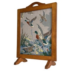 Fine Early 20th Century Antique English Oak Tapestry Fire Screen