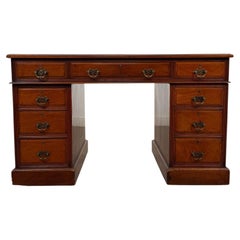 Fine 19th Century Antique English Walnut Pedestal Desk with Blue Leather Top