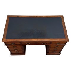 Fine 19th Century Antique English Walnut Pedestal Desk with Blue Leather Top