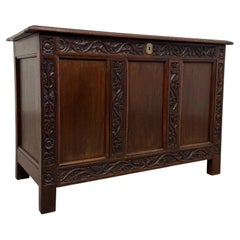Fine 19th Century Antique English Carved Oak Coffer or Blanket Chest