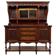 Fine Early 20th Century Antique English Carved Walnut Mirror-Back Sideboard