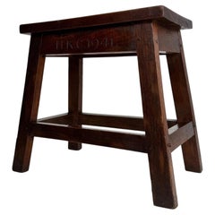 Fine Early 20th Century English Carved Joined Oak Stool Dated 1941