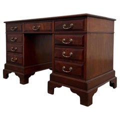 Fine 19th Century Antique English Mahogany Pedestal Desk with Green Leather Top
