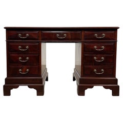 Fine 19th Century Antique English Mahogany Pedestal Desk with Green Leather Top