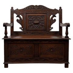 Fine 19th Century Antique English Victorian Carved Oak Settle