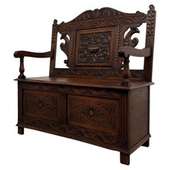 Fine 19th Century Antique English Victorian Carved Oak Settle