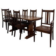 18th Century Antique Georgian English Oak Dining Table with Six Dining Chairs