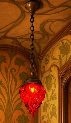 Antique Art Nouveau Flame Glass & Bronze Pendant Light, circa 1910