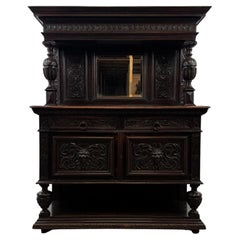 Antique Victorian English Carved Oak Mirror-Back Sideboard
