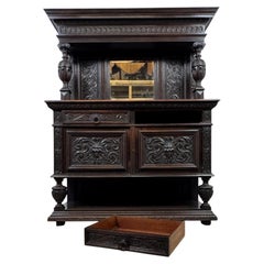 Antique Victorian English Carved Oak Mirror-Back Sideboard