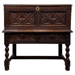 Fine Antique 19th Century English Victorian Carved Oak Chest on Stand