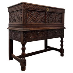 Fine Antique 19th Century English Victorian Carved Oak Chest on Stand
