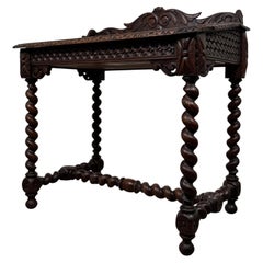 Antique 19th Century English Victorian Carved Oak Writing Table with Leather Top