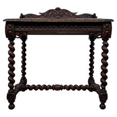 Antique 19th Century English Victorian Carved Oak Writing Table with Leather Top