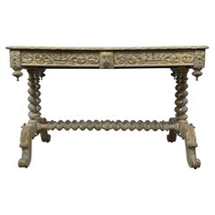 Magnifique bureau victorien ancien en chêne, orné de motifs sculptés