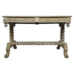 Magnifique bureau victorien ancien en chêne, orné de motifs sculptés