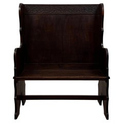 Fine Antique Early 20th Century English Edwardian Carved Oak Settle Bench