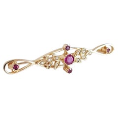 Antique Victorian Gold Ruby and Seed Pearl Openwork Brooch