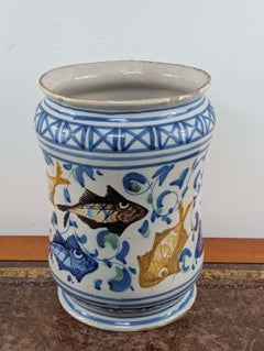 18th Century Sicilian Caltagirone Tin-Glazed Albarello with Fish Decoration