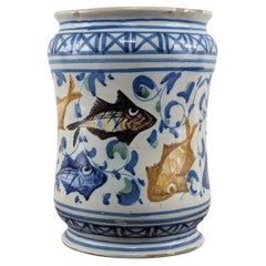18th Century Sicilian Caltagirone Tin-Glazed Albarello with Fish Decoration