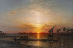 Ernst Koerner 1899 Large Orientalist Nile Sunset Landscape Oil Painting