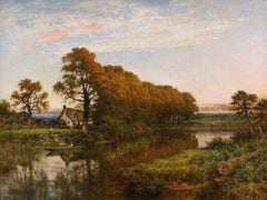 B.W. Leader 1920 Large English River Landscape Oil Painting, Signed