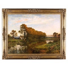 B.W. Leader 1920 Large English River Landscape Oil Painting, Signed