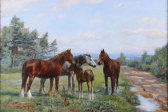 Wright Barker RBA Large British Oil Painting of Horses and Foal in Landscape