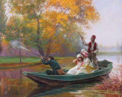 Jules Girardet Large European Sporting Hunting Scene Oil Painting